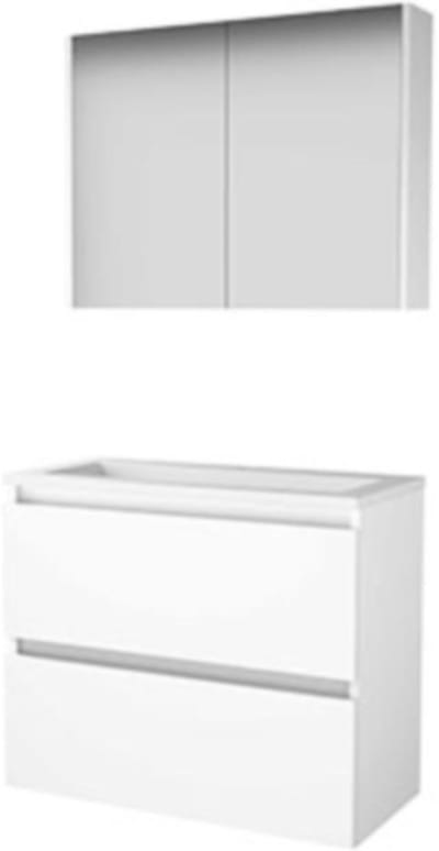 Basic-Line Comfort 39 Badkamermeubelset - Ondiep - 80 x 39 cm - Greeploos - 2 Lades - Acryl Wastafel - 1 Kraangat - Spiegelkast - Ice White