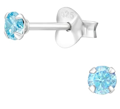 Joy|S - Zilveren oorbellen rond - 3 mm - aqua blauw zirkonia - oorknopjes
