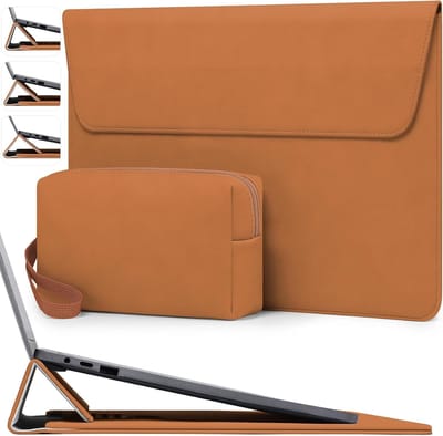 Laptop Sleeve Bag voor 13.3-14 Inch Laptops met Verstelbare Stand - Geschikt voor MacBook Pro, Air en Surface Laptop - Bruin, Bescherming en Draagbaarheid