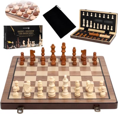 Houten Schaakbord - Reisspel Opvouwbaar - Familie Spelletjes - Magnetische Stukken - 39 cm - Walnoot