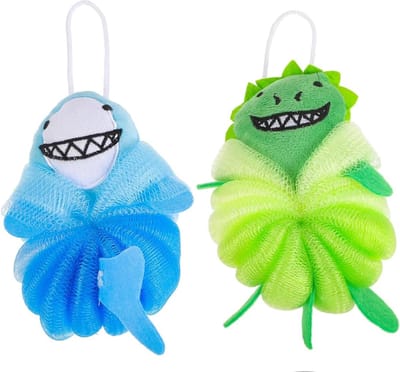 NTB Bad- en douche Puff Spons- voor kinderen - Voordeelset 2 stuks: Haai + Dinosaurus - Afmeting: 20 x 10 x 5 cm.