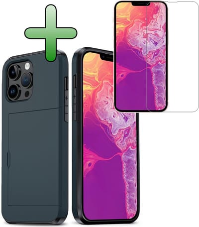 Hoes Geschikt voor iPhone 14 Pro Hoesje Hard Case Met Pas Houder Met Screenprotector - Hoesje Geschikt voor iPhone 14 Pro Hoes Shockproof Hard Cover Met Kaarthouder - Donkerblauw