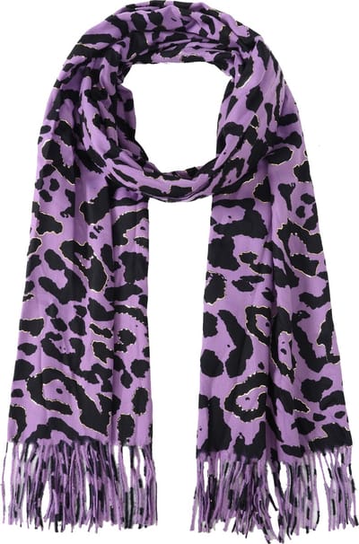 Nouka Paarse Dames Sjaal– Warme & Lichte Sjaal – Panterprint– Herfst / Winter – met Franjes – 70 x 180 cm