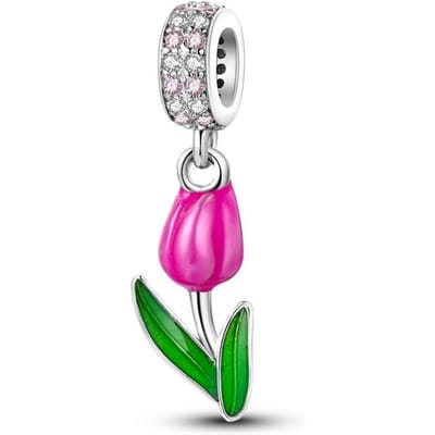Roze Tulp Plant Hanger Koper Verguld Echte Kralen Past op Echte Charmsbeads Sieraden DoeHetZelf Cadeau Voor Vrouwen wit
