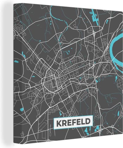 Canvas Schilderij Duitsland – Blauw – Krefeld – Stadskaart – Kaart – Plattegrond - 20x20 cm - Wanddecoratie