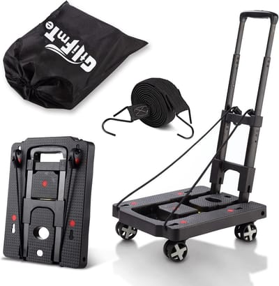 Opvouwbare Hand Truck - Lichtgewicht Dolly met 4 Draaiwielen en Verstelbare Handgreep voor Reizen, Winkelen en Kantoor