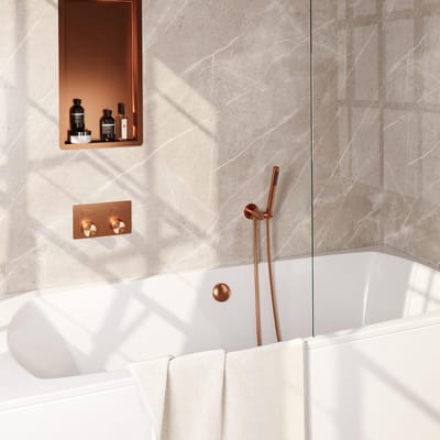 Brauer Copper Carving Thermostatische Inbouw Badkraan Drukknoppen - Badvulcombinatie - Staaf - Doucheslang - Wandaansluitbocht - Handdouche - Koper Geborsteld Pvd