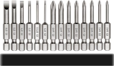14-delige magnetische schroevendraaier bitset met platte en kruiskop bits, 1/4 inch hex shank, S2 staal, geschikt voor elektrische schroefmachines en klopboormachines