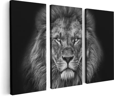 Artaza Canvas Schilderij Drieluik Leeuw - Leeuwenkop - Zwart Wit - 120x80 cm - Wanddecoratie Woonkamer - Schilderijen - Muurdecoratie