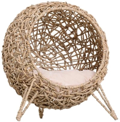 Archi Kattenmand met kussen – Verhoogd kattenbed op poten – Handgeweven kattenmand – Comfortabele katten schuilplaats – Naturel
