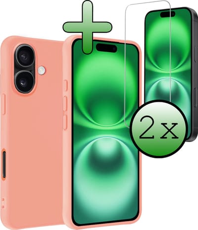 Hoesje Met 2x Screenprotector - Geschikt voor Apple iPhone 16 - Sterk & Shockproof - Back Cover - Siliconen Case - Telefoon Hoes - Perzik