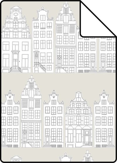 Proefstaal ESTAhome behang getekende Amsterdamse grachtenhuisjes lichtgrijs - 26.5 x 21 cm - 138909-S
