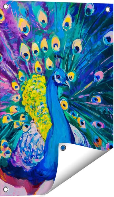 Gards Tuinposter Pauw met Kleurrijke Veren van Olieverf - Abstract - 40x60 cm - Tuindoek - Tuindecoratie - Wanddecoratie buiten - Tuinschilderij