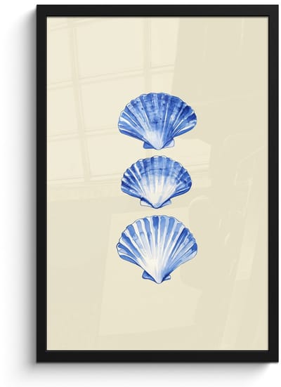 Poster in lijst - Fotolijst 40x60 cm - Posters - Schelpen - Blauw - Beige - Posterlijst zwart - Decoratie - Wanddecoratie woonkamer - Muurdecoratie slaapkamer