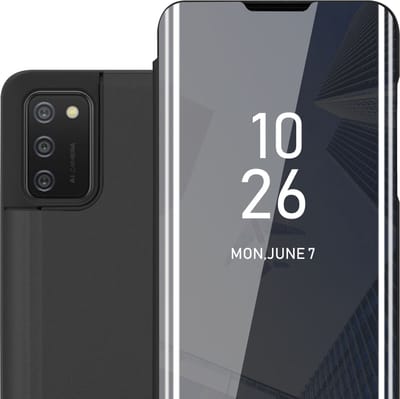 Cadorabo Hoesje geschikt voor Samsung Galaxy A02s in TOERMALIJN ZWART - Clear View Spiegel Beschermende Case met Tribunefunctie 360 Graden Bescherming Book Case Cover Etui