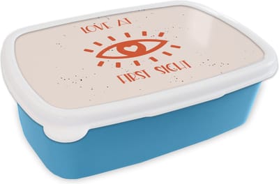 Broodtrommel Blauw - Lunchbox - Brooddoos - Spreuken - Quotes - Love at first sight - Liefde - Koppel - 18x12x6 cm - Kinderen - Jongen