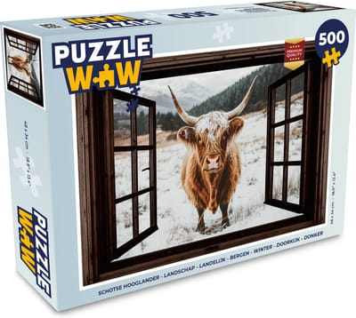 Puzzel Schotse Hooglander - Landschap - Landelijk - Bergen - Winter - Doorkijk - Donker - Legpuzzel - Puzzel 500 stukjes