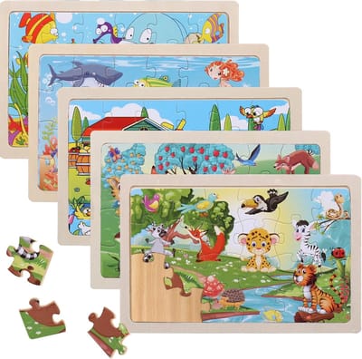 Houten Puzzels voor Kinderen 3 Jaar - 5 Set Dieren Puzzels van 24 Stukjes