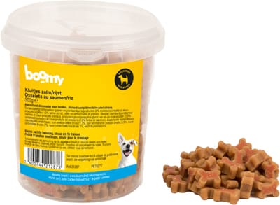 Boomy - Hondensnacks - Zachte hondensnoepjes - Beloningssnoepjes - Alle rassen - Kluifjes met zalm en rijst - 2 x 500g