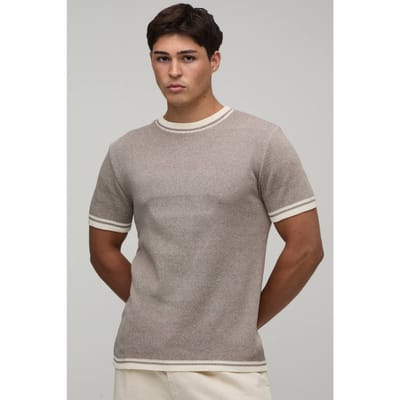 Muscle Fit Gebreid T-shirt Van Katoenmix Met Getipte Details | Taupe | Size Small