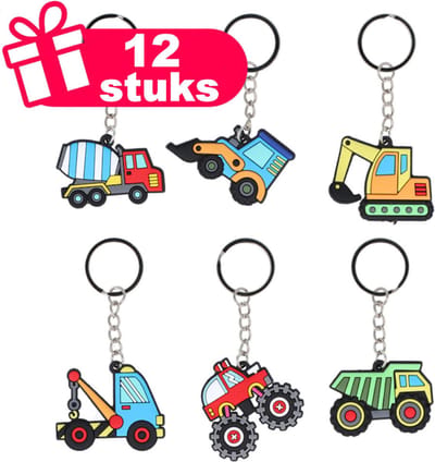 Henbrandt - 12 Stuks Mix Bouwvoertuigen Sleutelhangers - Traktatie uitdeelcadeautjes voor kinderen & peuters - Traktaties en kinderverjaardagen - Klein grabbelton speelgoed voor in traktatie uitdeelzakjes
