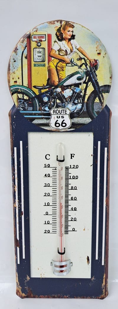 Blikken thermometer HK176 Route 66 NO SMOKING Full service voor binnen of buiten hoogte 30 cm - celsius en fahrenheit - nostalgic vintage