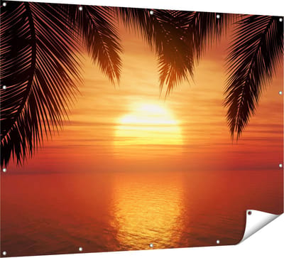 Gards Tuinposter Zonsondergang op het Strand met Palmbomen - 160x120 cm - Tuindoek - Tuindecoratie - Wanddecoratie buiten - Tuinschilderij