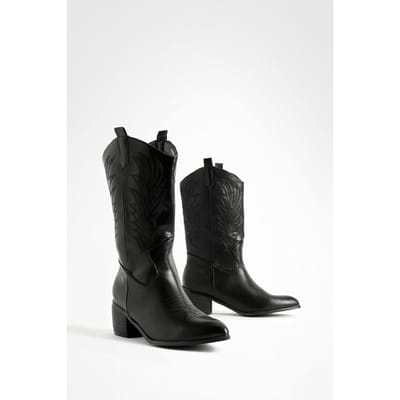 boohoo Dames Wide Fit Tab-detail Enkel Cowboy Western Laarzen | Zwart | Maat: 37