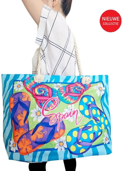 Big Shopper zomer Blauw- Grote Strandtas met ritssluiting- Weekendtas 55x35x16 cm - Shopper tas met ritsaansluiting
