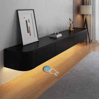 Luxe Zwevend TV Meubel met LED Verlichting en Deuren 300 cm – Moderne Wand TV Kast met Opbergruimte, Kabelmanagement en Strak Design (Zwart, 200x24x20 cm) – Casa Dorada