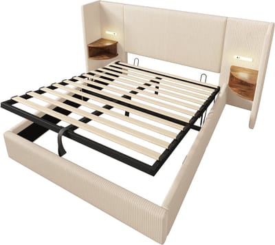 COVREO Tweepersoons bed 160x200 cm - met opbergruimte, leeslamp, USB en Type-C, beige-wit