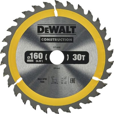 DeWALT Cirkelzaagblad voor Hout | Construction | Ø 160mm Asgat 20mm 30T - DT1932-QZ