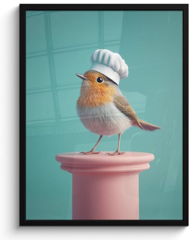 Fotolijst inclusief poster - Posterlijst 50x70 cm - Posters - Roodborstje - Vogel - Koksmuts - Sokkel - Foto in lijst - Keuken decoratie muur - Wanddecoratie accessoires - Muurdecoratie - Schilderijen