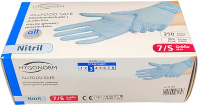 Hygonorm Nitril Handschoenen Maat S – Blauw – 250 Stuks – Poedervrij – Allfood Safe – Wegwerphandschoenen voor Voedselverwerking en Hygiëne