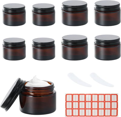 Set van 8 Amber Glazen Potjes, 20 ml, 30 ml en 50 ml, UV-bestendig, Lekvrij en Ideaal voor Reiscosmetica, Met Lepels en Deksel