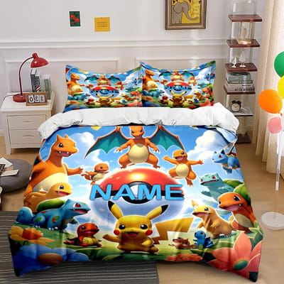 3-delige Custom Naam Pokemon Cartoon Print Beddengoed Set Dekbedovertrek 1 Dekbedovertrek 2 Kussenslopen Beddengoed Set voor Volwassenen en Kinderen Luxe EU Twin 135X200cm