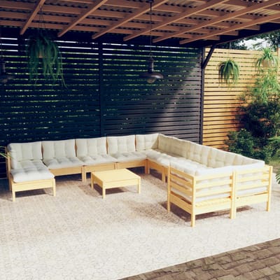 vidaXL - 12-delige - Loungeset - met - crèmekleurig - kussens - grenenhout