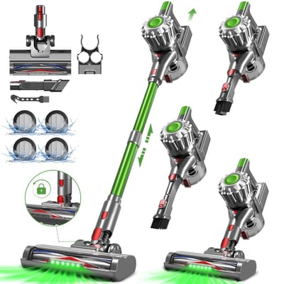 Fukstern Steelstofzuiger Draadloos – 50 kPa Sterke Zuigkracht – Tot 60 Min Accuduur – Anti-haarwikkel Vloerborstel – Inclusief 4 HEPA-filters – 1,6L Stofreservoir – Groene LED Stofdetectieverlichting – Groen