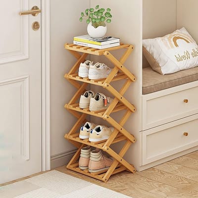 Dailygoods- Schoenenrek 5-laags opvouwbaar - Bamboe - Vrijstaand - Multifunctioneel - Geschikt voor binnen/buiten - Natuurlijke materialen - Schoenenopbergrek