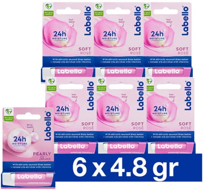 6 x Labello – Lippenbalsem – Soft Rosé – Lippenbalsem – 24H Hydratatie - Hydraatende Lippenbalsem - Roze Lippenbalsem - Lippen Verzorging - Natuurlijke Lippenkleur - Rozenextract