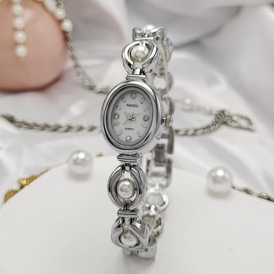 Montre à Quartz de Marque de Luxe à Cadran Ovale Montre Bracelet Incrustée de Perles Montres-Bracelets de Mode pour Femmes Robe Montres Relojes Para Mujer Dropshipping gray