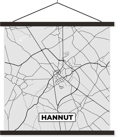 Posterhanger incl. Poster 60x60 cm - Schoolplaat - België – Hannut – Stadskaart – Kaart – Zwart Wit – Plattegrond - Textielposter - Zwarte latten - Stadskaart