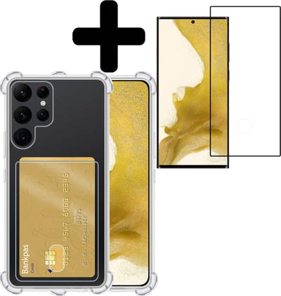 Hoesje - Geschikt voor Samsung Galaxy S22 Ultra - Met Screenprotector - En Pashouder - En Kaarthouder - Telefoon Hoes Shockproof - Siliconen Case - Back Cover - Shock Proof - Pasjes Houder - Telefoonhoesjes - Transparant
