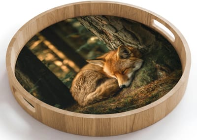Dienblad rond 40x40 cm - Schootdienblad hout - Vos - Bos - Slapen - Borrelplank rechthoek - Plateau houten dienbladen