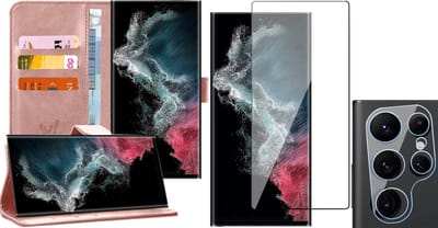 Hoesje geschikt voor Samsung Galaxy S22 Ultra - Book Case Kunstleer Wallet Cover Portemonnee Pasjeshouder Hoes Roségoud - Full Tempered Glass Screenprotector - Camera Lens Protector