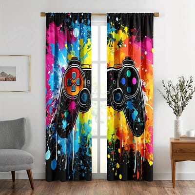 2 stuks PS5 Kleurrijke Coole Gamepad Gordijnen Mannen Videogamepad Gordijnen Tunnelzak Jongen Meisje Gamer Kamer Decor. 150x166cm blue
