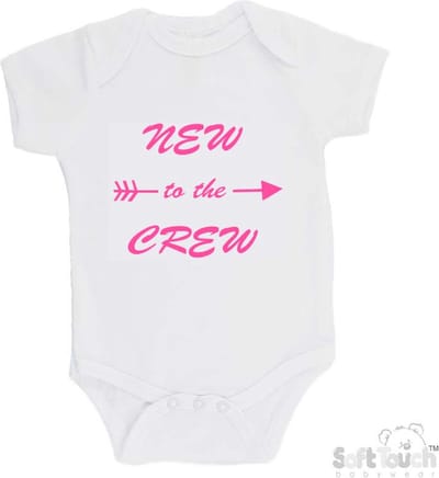 Soft Touch Romper "New to the crew" Meisjes Katoen Wit/roze Maat 56/62