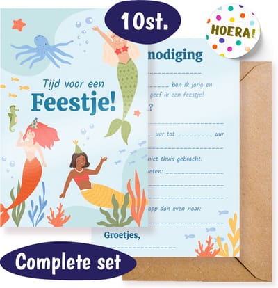 Uitnodiging Kinderfeestje – 10 stuks – Zeemeermin Uitnodigingskaarten – Mermaid – Uitnodigingen Verjaardag Feestje – Incl. Enveloppen en Sluitstickers - Meisje