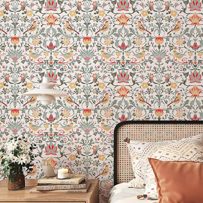 Zelfklevend Behang 44.5CMx12M met Vintage Bloemen en Vogels - Decoratief Behang voor Meubels, Hal en Slaapkamer, Tropische Patroon in Groen en Beige