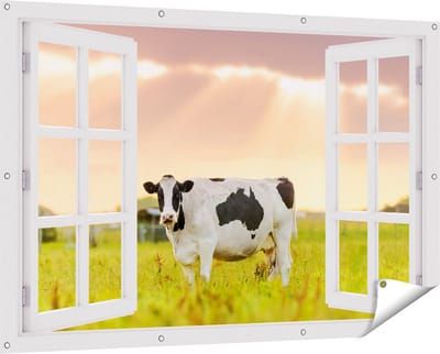 Gards Tuinposter Doorkijk Zwart Wit Koe in de Wei bij Zonsopkomst - 150x100 cm - Tuindoek - Tuindecoratie - Wanddecoratie buiten - Tuinschilderij